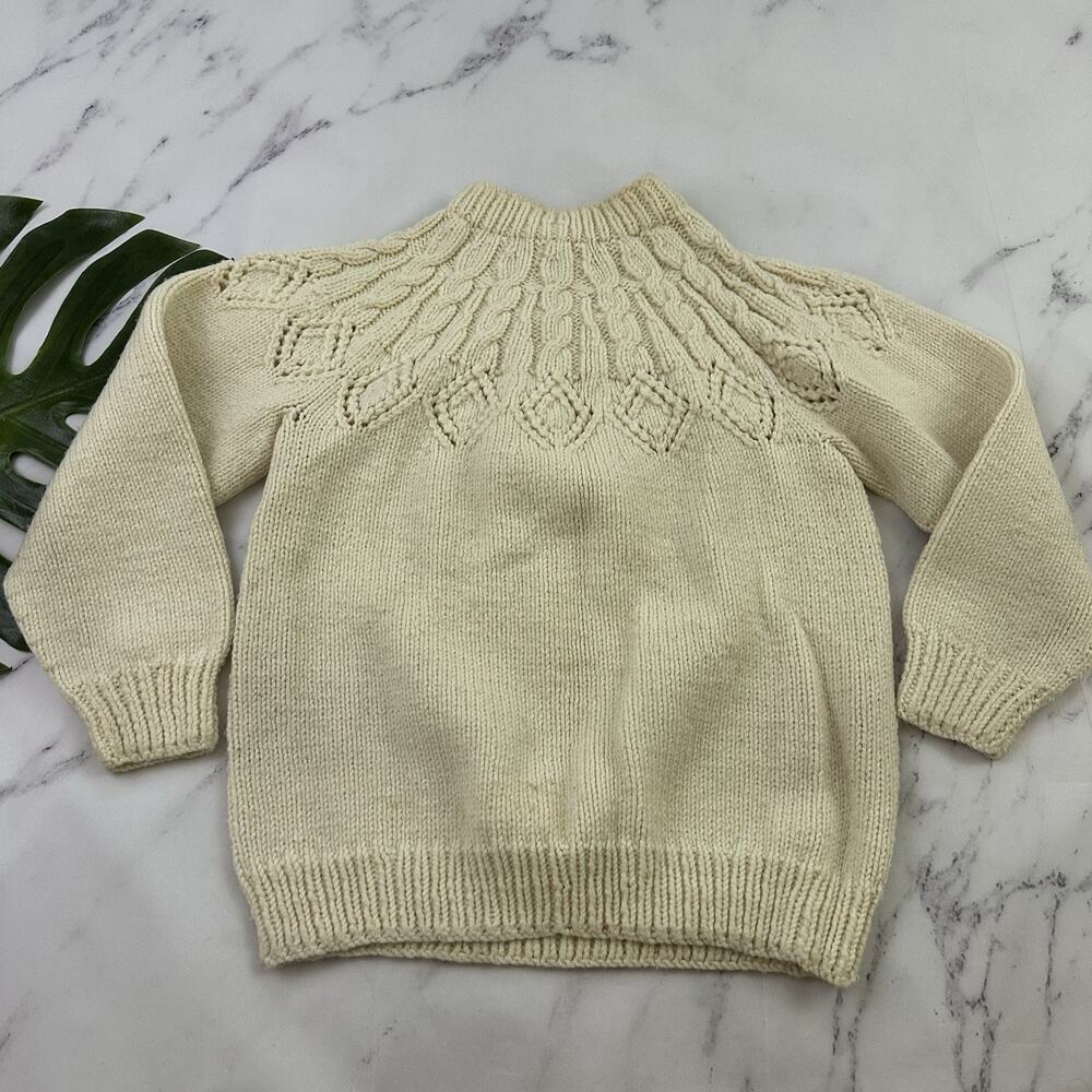 Womens Vintage 80s Hand Knit Pullover Sweater Size M Cream Cable Chunky Wool